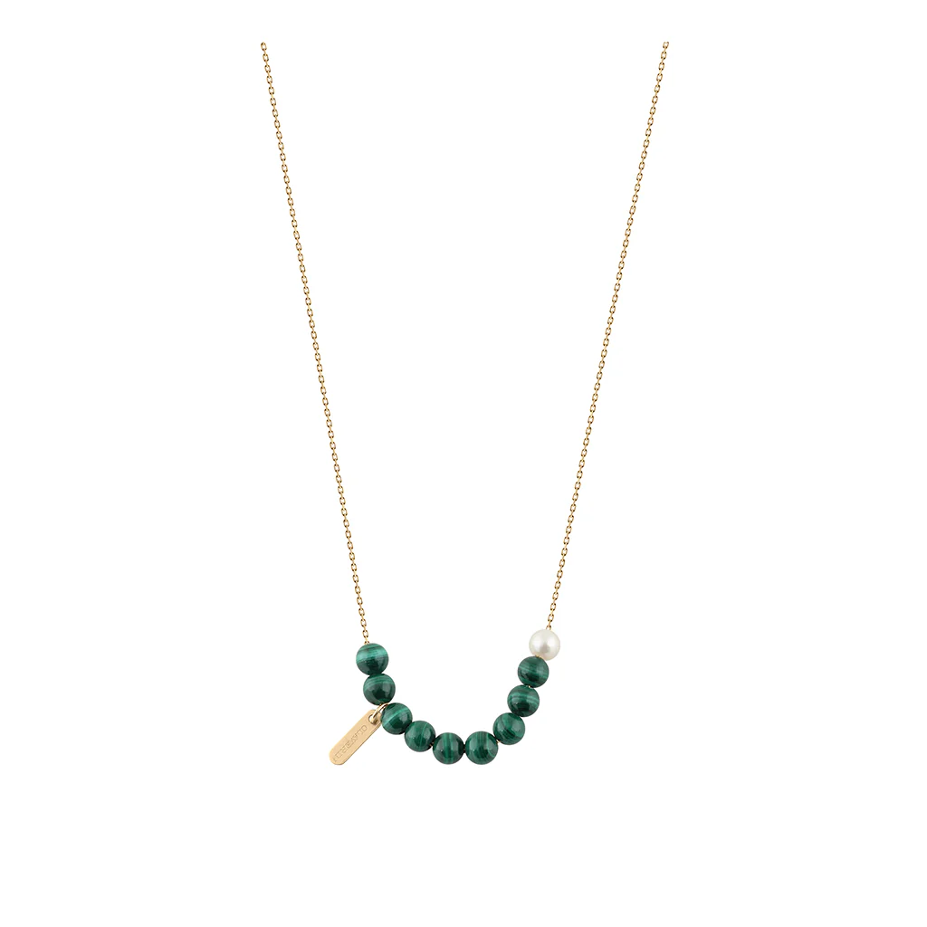COLLIER CLAVERIN HOPE 10 OR JAUNE PERLE BLANCHE ET PERLES MALACHITES – Image 2